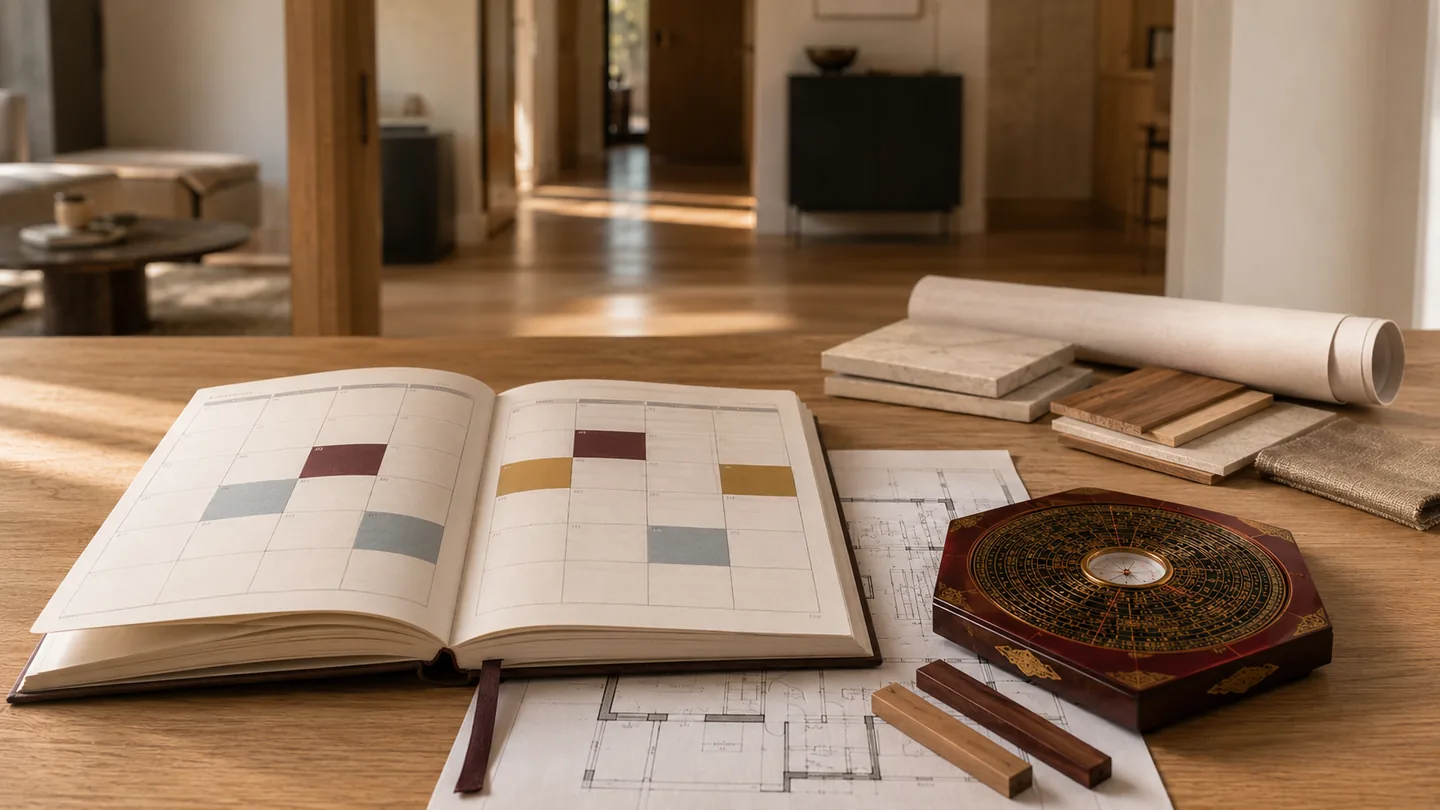 Un almanach, un plan et une boussole Feng Shui utilisés pour examiner le choix d’un moment.