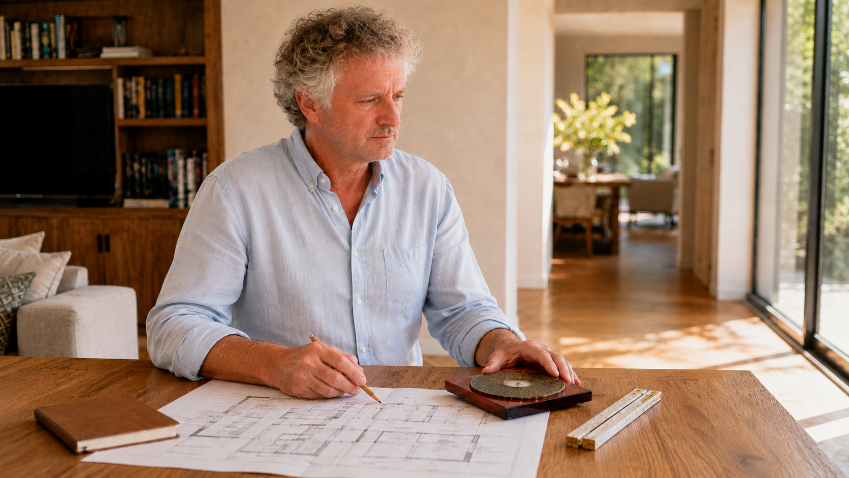 David analyse un plan avec une boussole Feng Shui et des instruments de mesure.