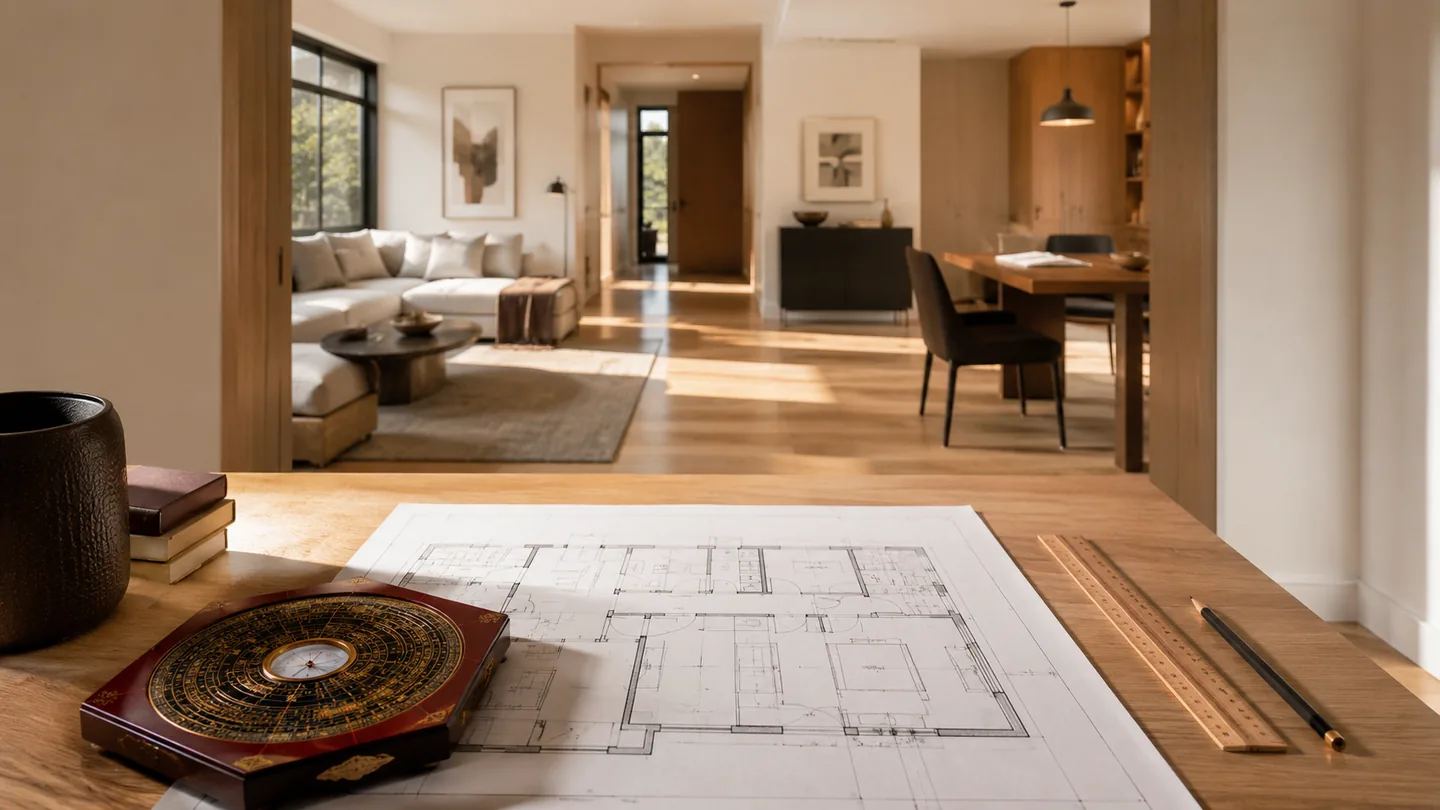 Un lieu lumineux et son plan observés lors d’une étude Feng Shui.