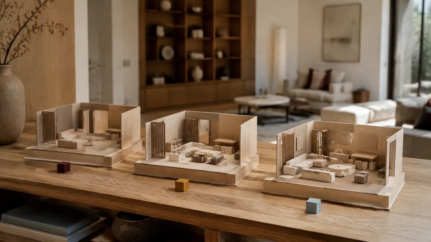 Trois maquettes successives illustrent l’évolution d’un projet d’aménagement.