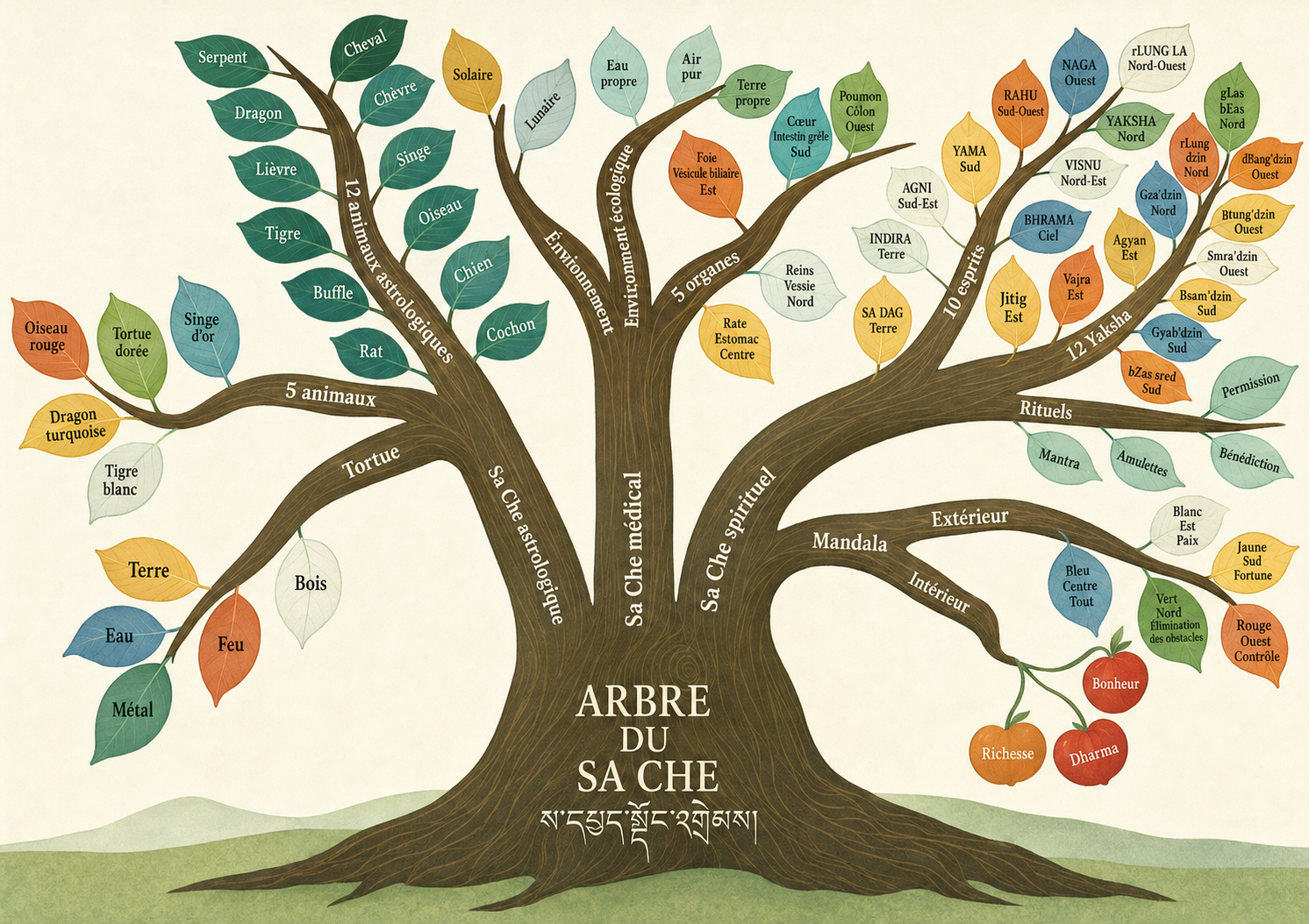 Arbre du Sa-Ché présentant ses dimensions astrologique, médicale et spirituelle, ainsi que des repères d’éléments, d’animaux et de directions.